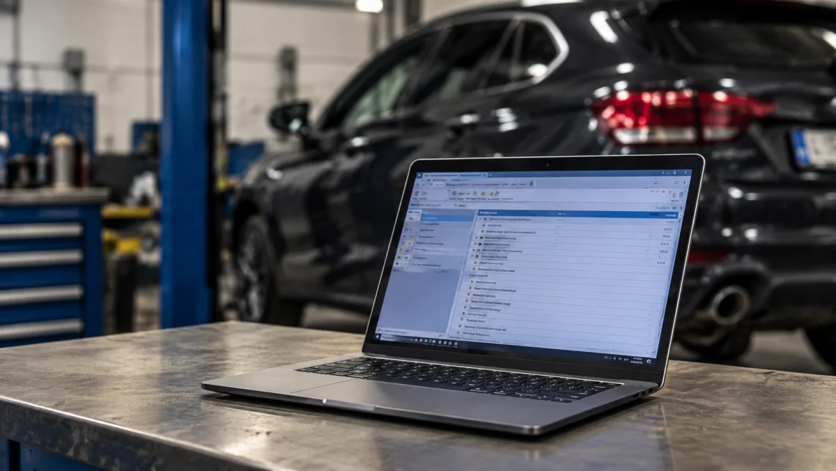 Laptop mit Fahrzeugsoftware in der Werkstatt